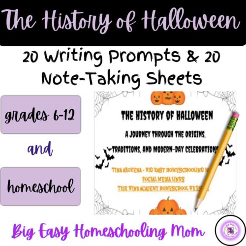 Halloween history educational resource with writing prompts and note-taking sheets for grades 6-12, perfect for homeschooling. Engaging activities for Halloween lessons.