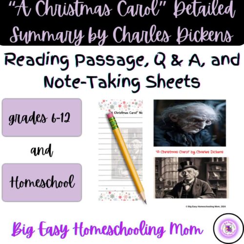 Reading passage, Q&A, and note-taking sheets based on "A Christmas Carol" by Charles Dickens for grades 6-12, ideal for homeschool resources and educational activities.