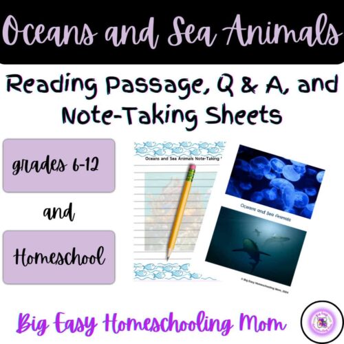 Thumbnail-Cover-Oceans-and-Sea-Animals.png Ocean and Sea Animals note-taking printables and worksheets for homeschooling, grades 6-12, perfect for homeschooling families interested in ocean life education and sea animal facts.