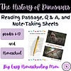 Dinosaur history reading passage, Q&A, and note-taking sheets for grades 6-12 homeschool curriculum, perfect for engaging students in prehistoric era lessons and enhancing learning through interactive materials.