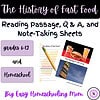 Fast food history reading and note-taking worksheets for grades 6-12 homeschoolers, focusing on quick food facts, Q&A, and engaging activities to enhance learning about fast food history.