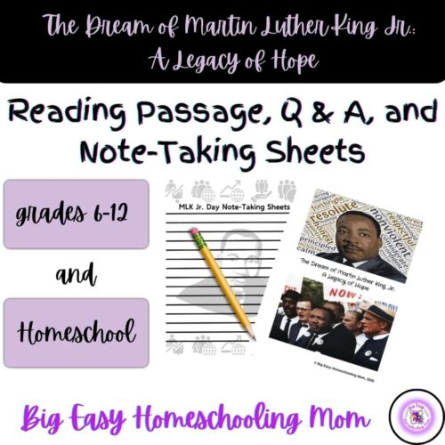 Thumbnail-Cover-The-History-of-MLK-Jr.jpg Note-taking sheets for MLK Jr. Day, grades 6-12, homeschool, reading comprehension, note-taking, educational resources, language arts, history, social studies, homeschool curriculum, flexible learning materials, educational printables.