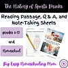 Reading passage, Q&A, and note-taking sheets about the history of sports drinks for grades 6-12 and homeschool education.