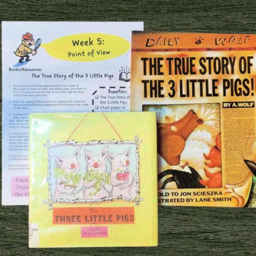 Point of view lesson plan for homeschool, featuring "The True Story of the 3 Little Pigs" book, educational resources, and discussion activities for homeschooling families and children.