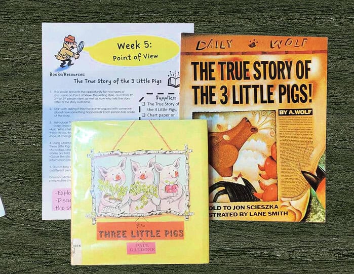 True story 3 little pigs - Copy Point of view lesson plan for homeschool, featuring "The True Story of the 3 Little Pigs" book, educational resources, and discussion activities for homeschooling families and children.