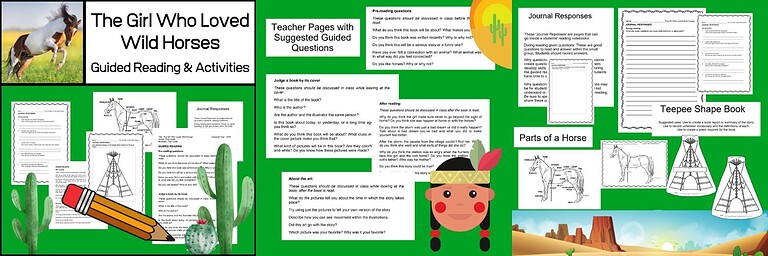 Untitled-design-2025-01-18T152835.379.jpg "Guided reading activities for homeschool students based on 'The Girl Who Loved Wild Horses,' including teacher pages, journal responses, parts of a horse, and shape book templates.".
