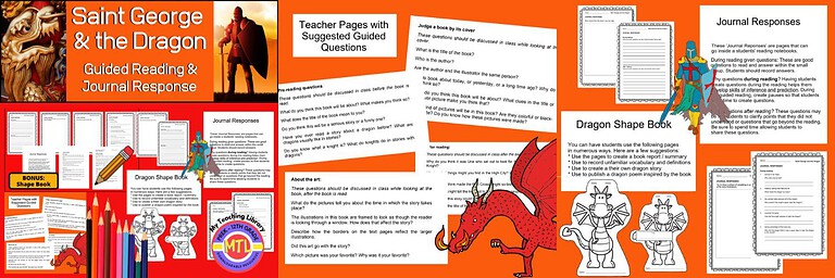 Untitled-design-2025-01-18T153840.219.jpg Saint George and the Dragon guided reading and journal response activities, including teacher pages, student worksheets, and creative prompts for homeschool literacy and dragon-themed story analysis.