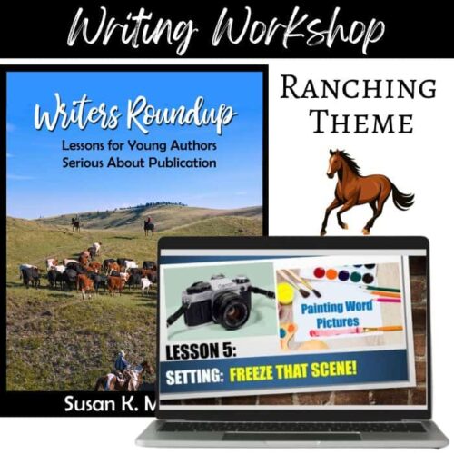 A homeschool writing workshop focused on creative writing and publication skills for young authors, featuring ranching themes, art projects, and photography lessons to enhance homeschooling curriculum.