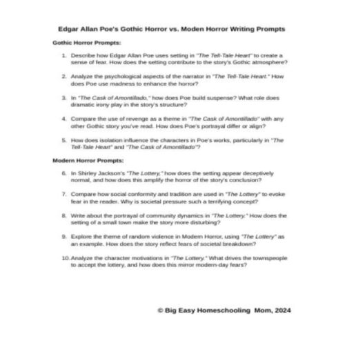 Writing-Prompts-and-Note-Taking-Sheets-2.png Edgar Allan Poe Gothic horror vs. modern horror writing prompts for homeschool, literature analysis, and creative storytelling on spooky themes.