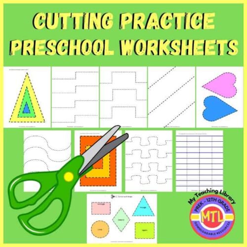 Cutting practice preschool worksheets, educational scissors activity for early learners, fine motor skills development, preschool learning resource, Homeschool Resource Co.