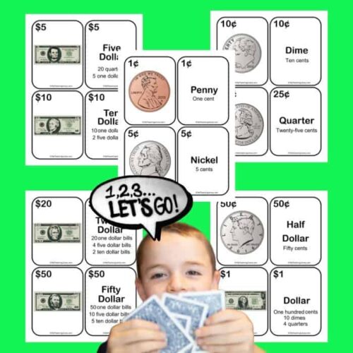 $5 bills, coins, and dollar bills for homeschool money counting activities to teach children currency recognition and financial literacy.