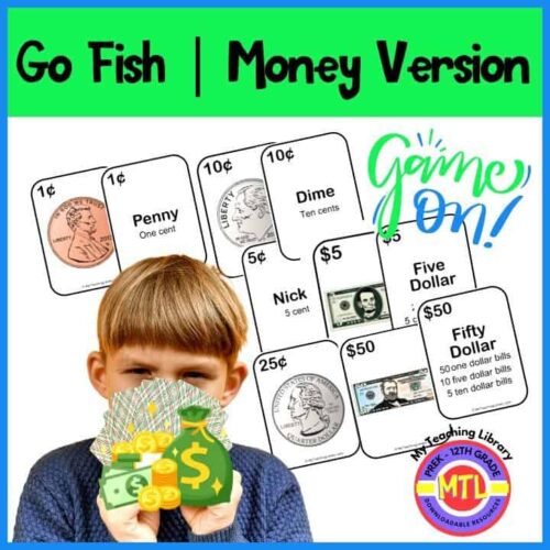 Z-216-Go-Fish-Money-Version-Cover.jpg Penny, nickel, dime, five dollar bill, fifty dollar bill, homeschool money game, teaching resources, preschool to 12th grade educational tools, homeschool curriculum support, printable money identification, money learning activities.