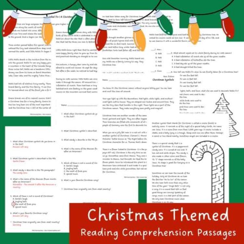 Little homeschool resource co Christmas-themed reading comprehension passages featuring fun holiday facts, Christmas symbols, and festive activities, perfect for homeschool learning and enhanced Christmas literacy skills.