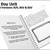 4-day homeschool Bible curriculum with multiple versions (KJV, NIV, ESV), including daily verses, scripture lines, and illustrated responses for comprehensive homeschool religious education.