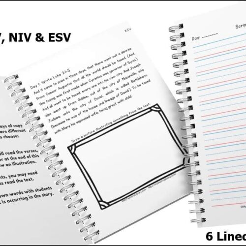 4-day homeschool Bible curriculum with multiple versions (KJV, NIV, ESV), including daily verses, scripture lines, and illustrated responses for comprehensive homeschool religious education.
