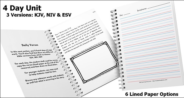 4-day homeschool Bible curriculum with multiple versions (KJV, NIV, ESV), including daily verses, scripture lines, and illustrated responses for comprehensive homeschool religious education.