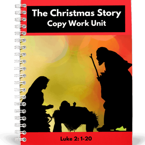 Bible-based homeschool art curriculum focusing on Luke 2: 1-20, Christmas story, copy work unit, religious education, faith-based homeschool resources, Christian learning materials.