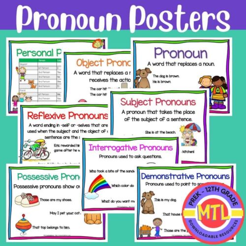 Pronoun posters for homeschool teaching resources, including personal, object, reflexive, subject, interrogative, possessive, and demonstrative pronouns, ideal for preschool to 12th-grade homeschooling curricula.
