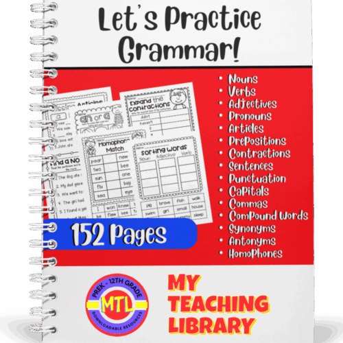 Comprehensive homeschool grammar practice workbook for preschool to 12th grade including nouns, verbs, adjectives, pronouns, punctuation, sentences, and more.