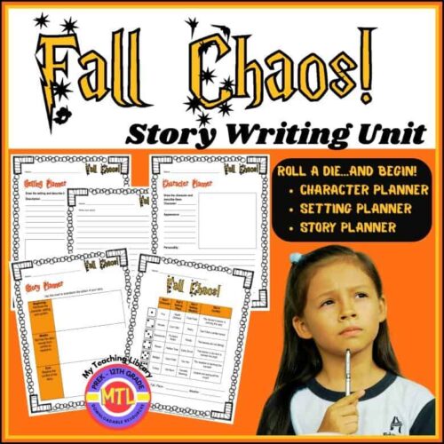 Fall chaos story writing unit homeschool resource, character and story planners for homeschool, fall-themed educational activity, printable homeschool writing resources, elementary homeschool literacy tools.