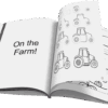Farm-themed coloring book page with tractors and barn illustrations for homeschool education.