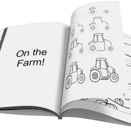 Farm-themed coloring book page with tractors and barn illustrations for homeschool education.