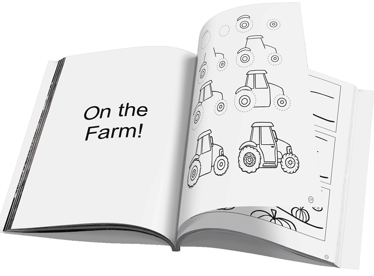 Farm-themed coloring book page with tractors and barn illustrations for homeschool education.
