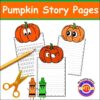 Pumpkin story pages featuring cute cartoon pumpkins, lined writing spaces, and fun Halloween-themed design, ideal for homeschooling activities, preschool, and kindergarten storytelling.