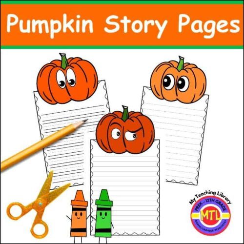 Pumpkin story pages featuring cute cartoon pumpkins, lined writing spaces, and fun Halloween-themed design, ideal for homeschooling activities, preschool, and kindergarten storytelling.