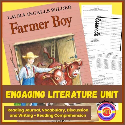 Farmer Boy literature unit for homeschooling, includes reading journal, vocabulary, discussion, writing, and reading comprehension activities for elementary and middle school students.