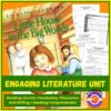 Laura Ingalls Wilder Little House in the Big Woods book cover with educational worksheets in background, promoting engaging literature unit for homeschool students.