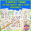 Z-75-Picture-search-find-cover.jpg 12-month themed picture search, find, and count worksheets for homeschool preschool and 1st-12th grade students to enhance learning and counting skills.