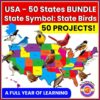 Z-96-USA-50-STATES-STATE-BIRDS-BUNDLE-Cover.jpg USA state birds homeschool project bundle featuring all 50 states with colorful map and bird illustrations, perfect for homeschool learning and educational activities.