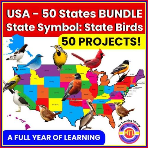 USA state birds homeschool project bundle featuring all 50 states with colorful map and bird illustrations, perfect for homeschool learning and educational activities.