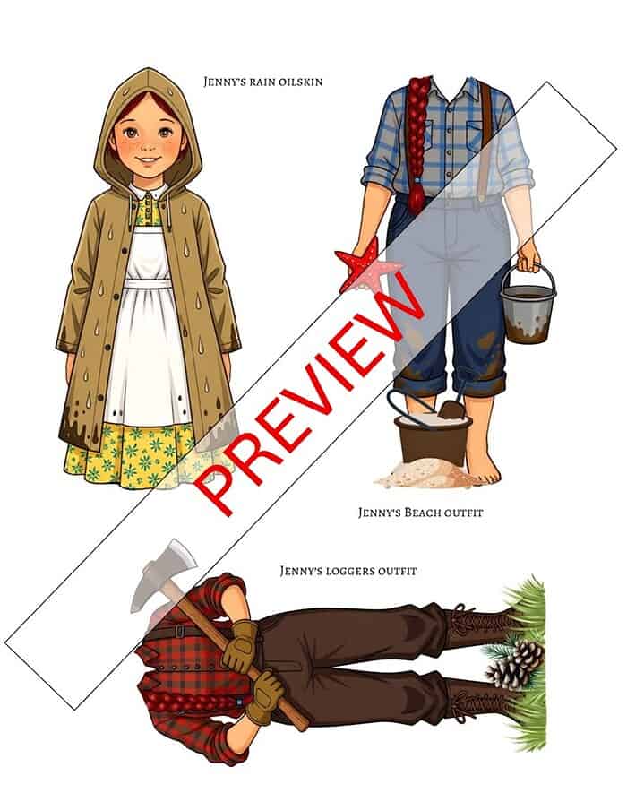 clothes 2 Raincoat, beach outfit, and loggers outfit for homeschool costume role-playing activities, perfect for homeschooling resources focused on outdoor and adventure-themed lessons.