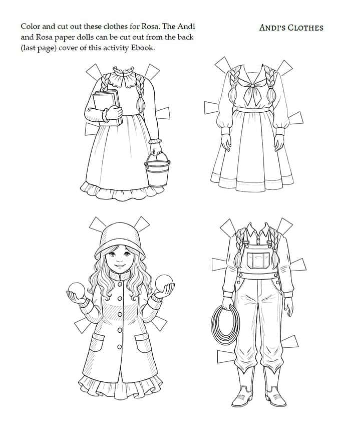 clothes to color Coloring page of traditional dresses for Rosa and Andi with paper dolls, perfect for homeschool arts and crafts activities.