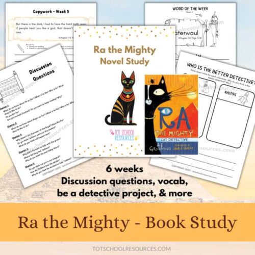 Engaging homeschool novel study on "Ra the Mighty" with discussion questions, vocabulary, and detective projects for 6 weeks, perfect for homeschooling parents and educators.