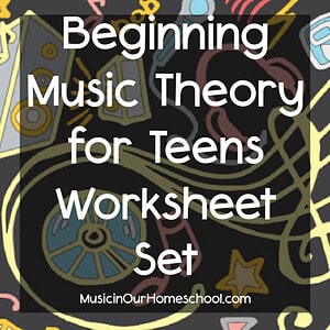 Beginning Music Theory for Teens worksheet set for note names, intervals, chords, etc.