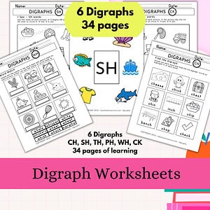 Consonant Digraph Worksheet Set - CH, TH, SH, PH, WH, CK