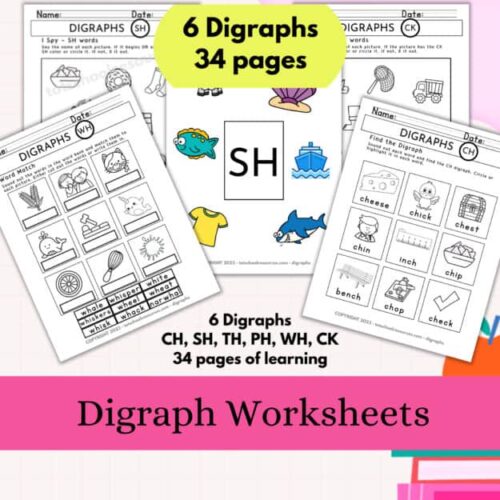 SH digraph worksheets for homeschool phonics and reading, featuring 34 pages including CH, SH, TH, PH, WH, CK, perfect for early literacy development.