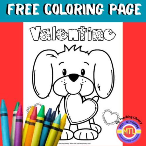 Valentine's Day coloring page featuring a cute dog holding a heart, perfect for homeschool arts and crafts, teaching resources, and holiday activities. Free printable for early learners.