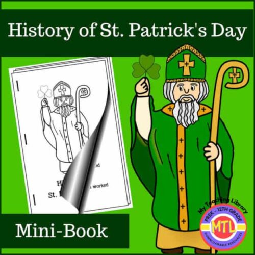 Colorful St. Patrick's Day history mini-book for homeschool learning, perfect for teaching 1st-12th grade students about Irish traditions and holiday facts. Educational resource from Homeschool Resource Co.