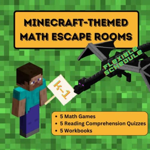 Minecraft-themed math escape rooms for homeschool, including math games, reading quizzes, and workbooks to enhance interactive learning and critical thinking skills.
