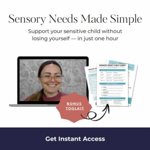 Support for sensory needs in homeschooling, sensory reset cheat sheets, bonus toolkit for parents, and resources to help children with sensory processing challenges.