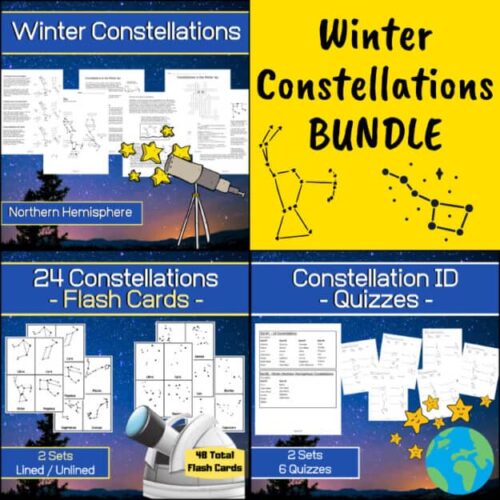 Asterism and constellation themed homeschooling educational resources including flash cards and quizzes for winter constellations, ideal for homeschool science and astronomy lessons.