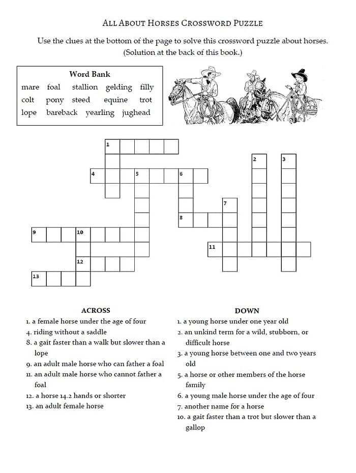 crossword A printable horse-themed crossword puzzle for homeschooling, featuring horse vocabulary words; ideal for educational activities and fostering learning about horses in homeschooling environments.