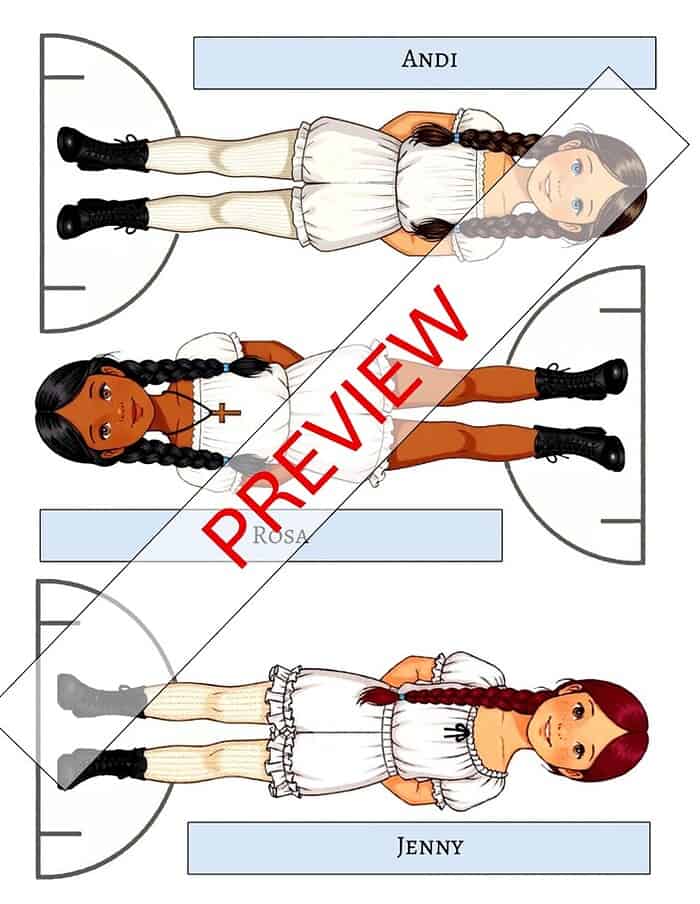 dolls Andi, Rosa, and Jenny illustrated on a basketball court, showcasing diverse girls in homeschool education, wearing stylish outfits. Perfect for homeschool resources and learning activities.