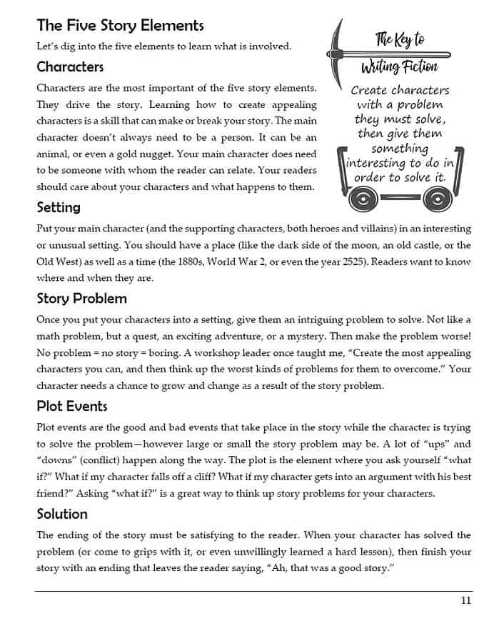 elements gold Engaging homeschool writing resources focusing on five story elements, character development, setting, plot, and story resolution to enhance kids' storytelling skills and creative thinking.