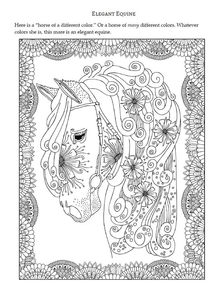 equine Coloring page featuring an elegant, whimsical horse with flowing mane, floral accents, and intricate border designs, perfect for homeschooling art activities and creative learning.