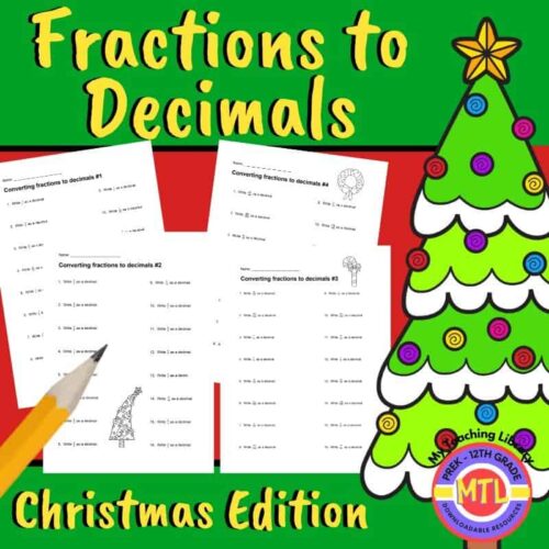 Fractions to decimals homeschool math worksheets, Christmas edition, for kindergarten to 12th grade, perfect for homeschooling and elementary education, engaging math exercises for decimal conversion.
